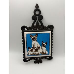 Vintage Cherry Japan Siamese Cat Trivet Cast Iron Ceramic Wall Decor Blue 5076